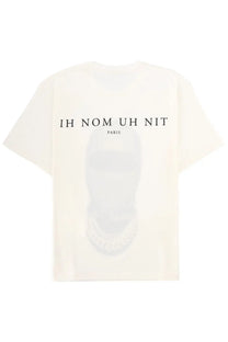 Off-white cotton men’s t-shirt with a translucent skull graphic and ih nom uh nit paris bold black text on the chest