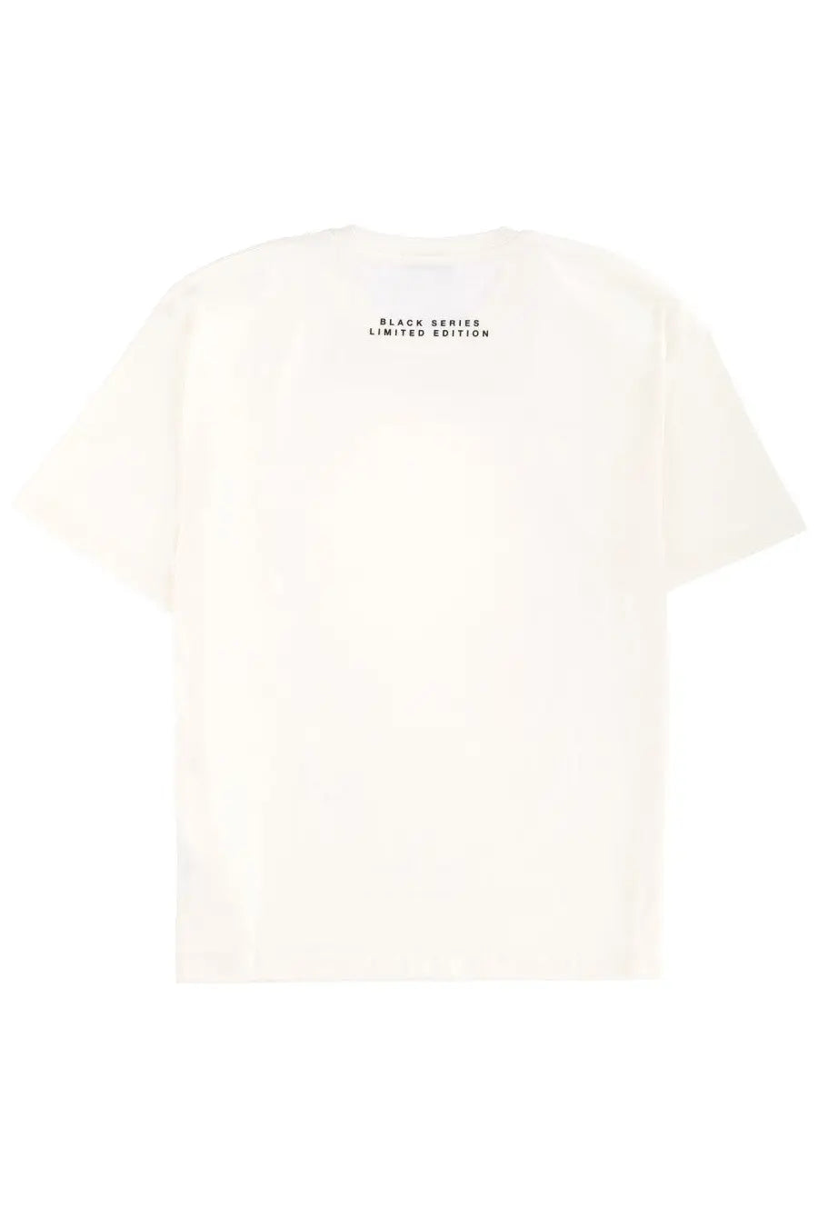 Back view of cream-colored ih nom uh nit men’s oversized t-shirt with black series limited edition print