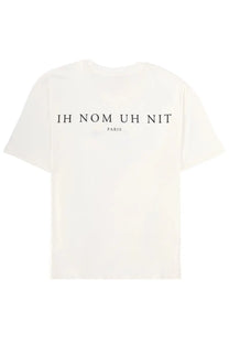 Off-white oversized men’s t-shirt in cotton with bold black ih nom uh nit paris graphic on the chest