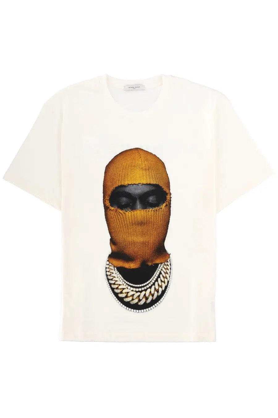 Ih nom uh nit men’s white off-white short-sleeved t-shirt with bold golden knit balaclava graphic and silver chains