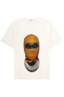 Ih nom uh nit men’s white off-white short-sleeved t-shirt with bold golden knit balaclava graphic and silver chains