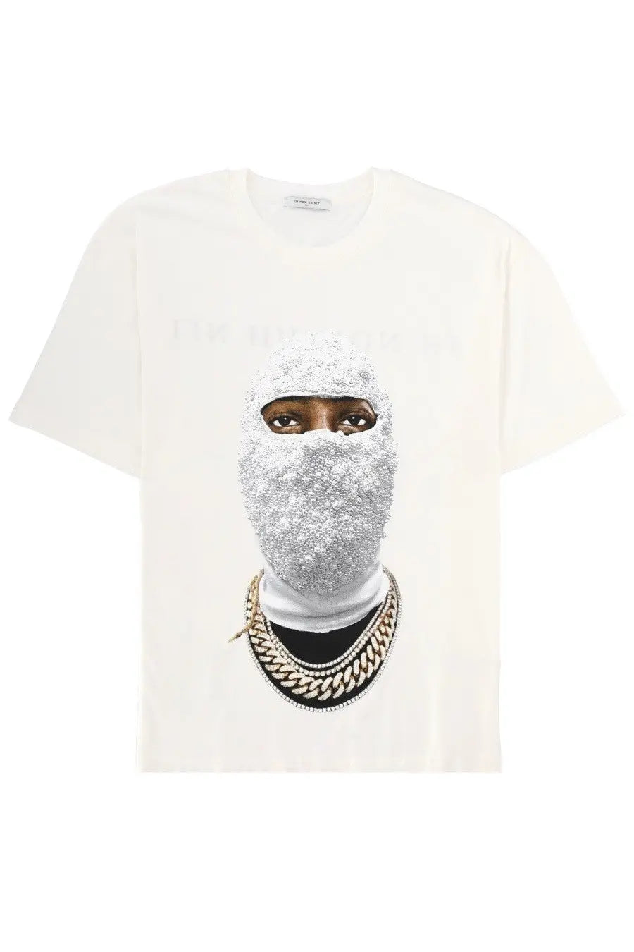 Ih nom uh nit men’s off-white short-sleeved t-shirt with graphic of person wearing glittery silver ski mask and gold chains