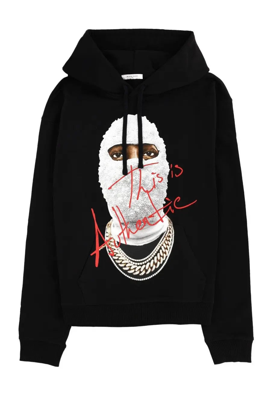 Black ih nom uh nit men’s sweatshirt featuring a bold graphic of a face in a white balaclava with red text and gold chains