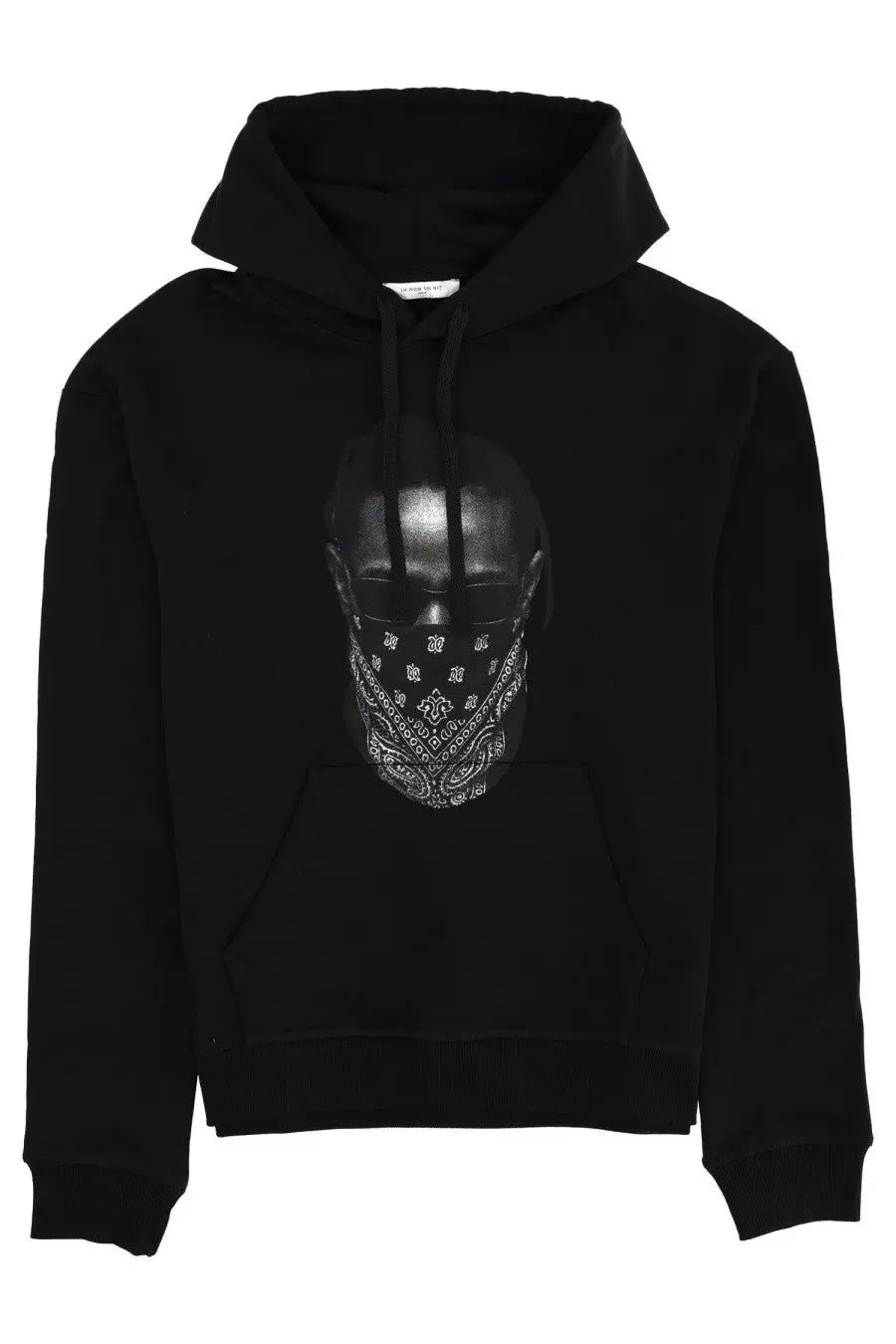 Ih nom uh nit men’s black hooded sweatshirt with a bold face graphic wearing a black and white bandana