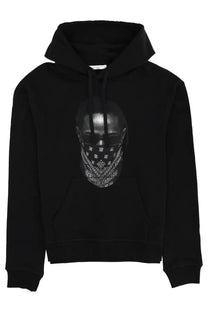 Ih nom uh nit men’s black hooded sweatshirt with a bold face graphic wearing a black and white bandana