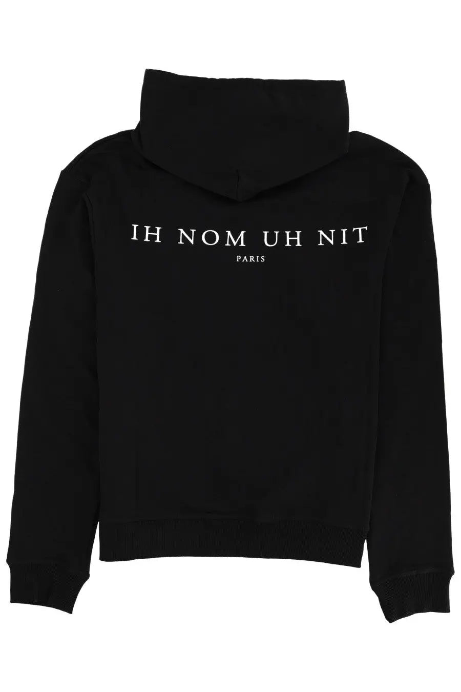 Black ih nom uh nit paris hooded sweatshirt showing white lettering on the back for men