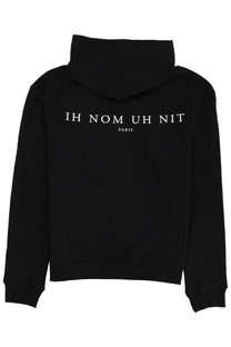 Black ih nom uh nit paris hooded sweatshirt showing white lettering on the back for men
