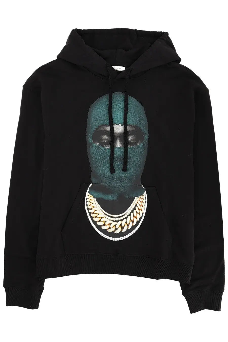 Ih nom uh nit men’s black hoodie with teal knit balaclava graphic and gold chain print on chest