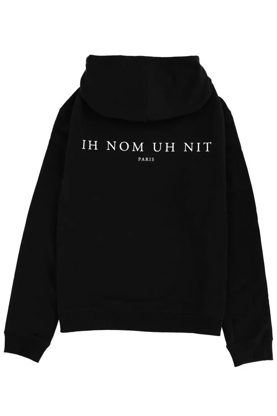 Black ih nom uh nit men’s sweatshirt showing white text on the back in a comfortable hoodie style