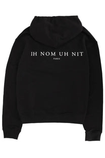 Black Ih Nom Uh Nit men’s sweatshirt showing the back with white Ih Nom Uh Nit Paris text on a cotton hoodie