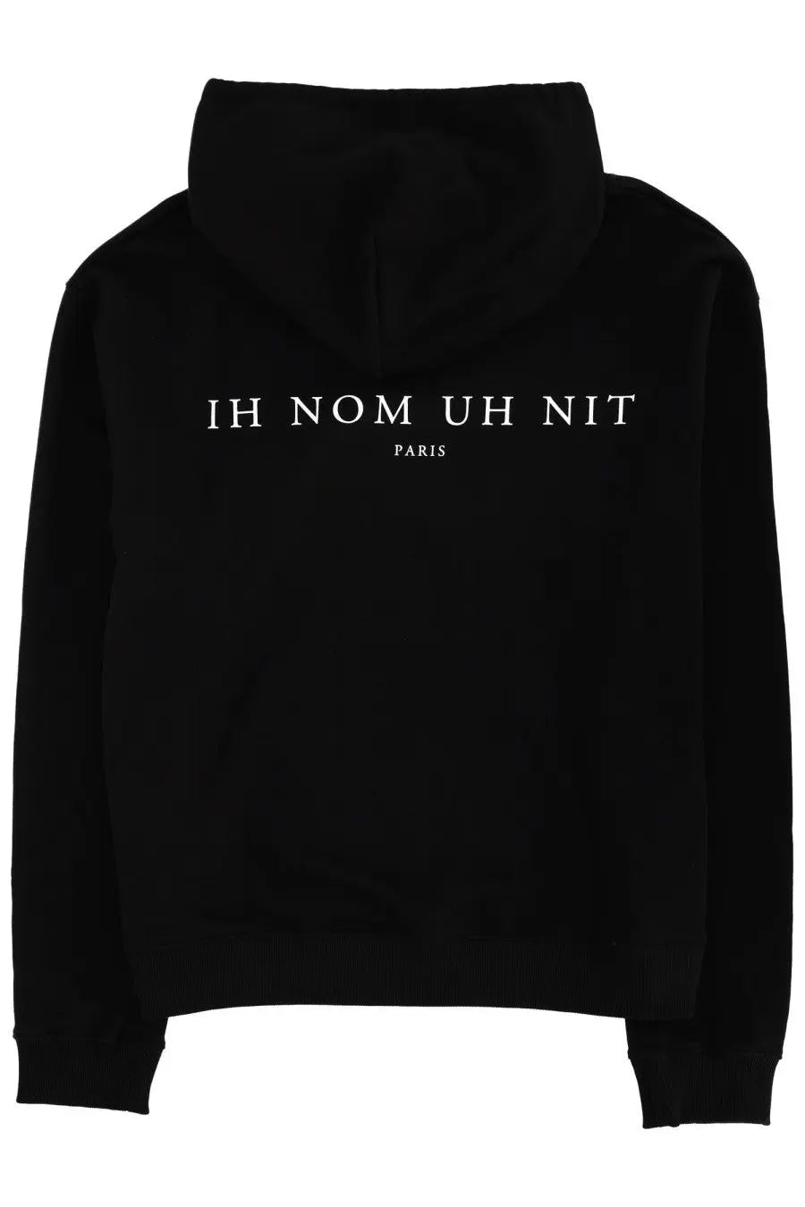 Black ih nom uh nit men’s sweatshirt with white text and paris detail on front in a comfortable hoodie material