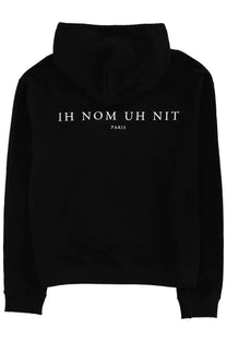 Black ih nom uh nit men’s sweatshirt with white text and paris detail on front in a comfortable hoodie material