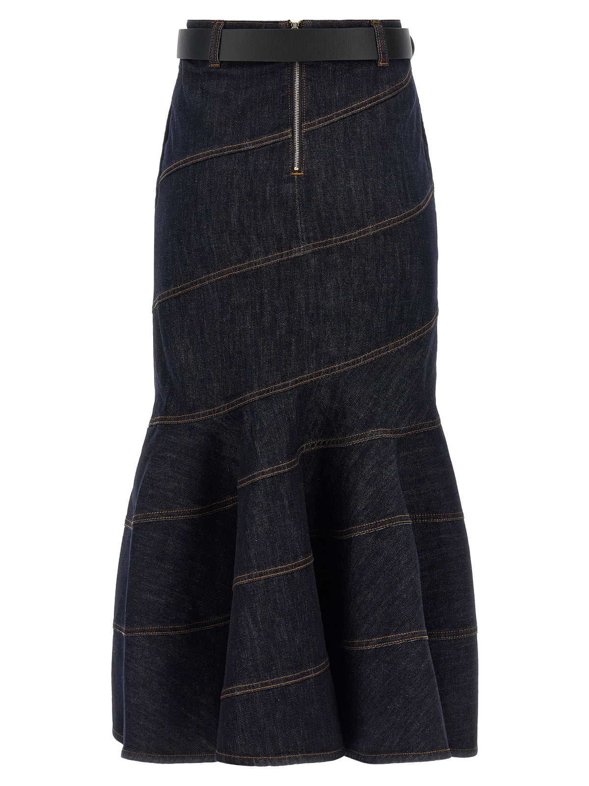 self-portrait Indigo Denim Belted Midi Skirt Blue