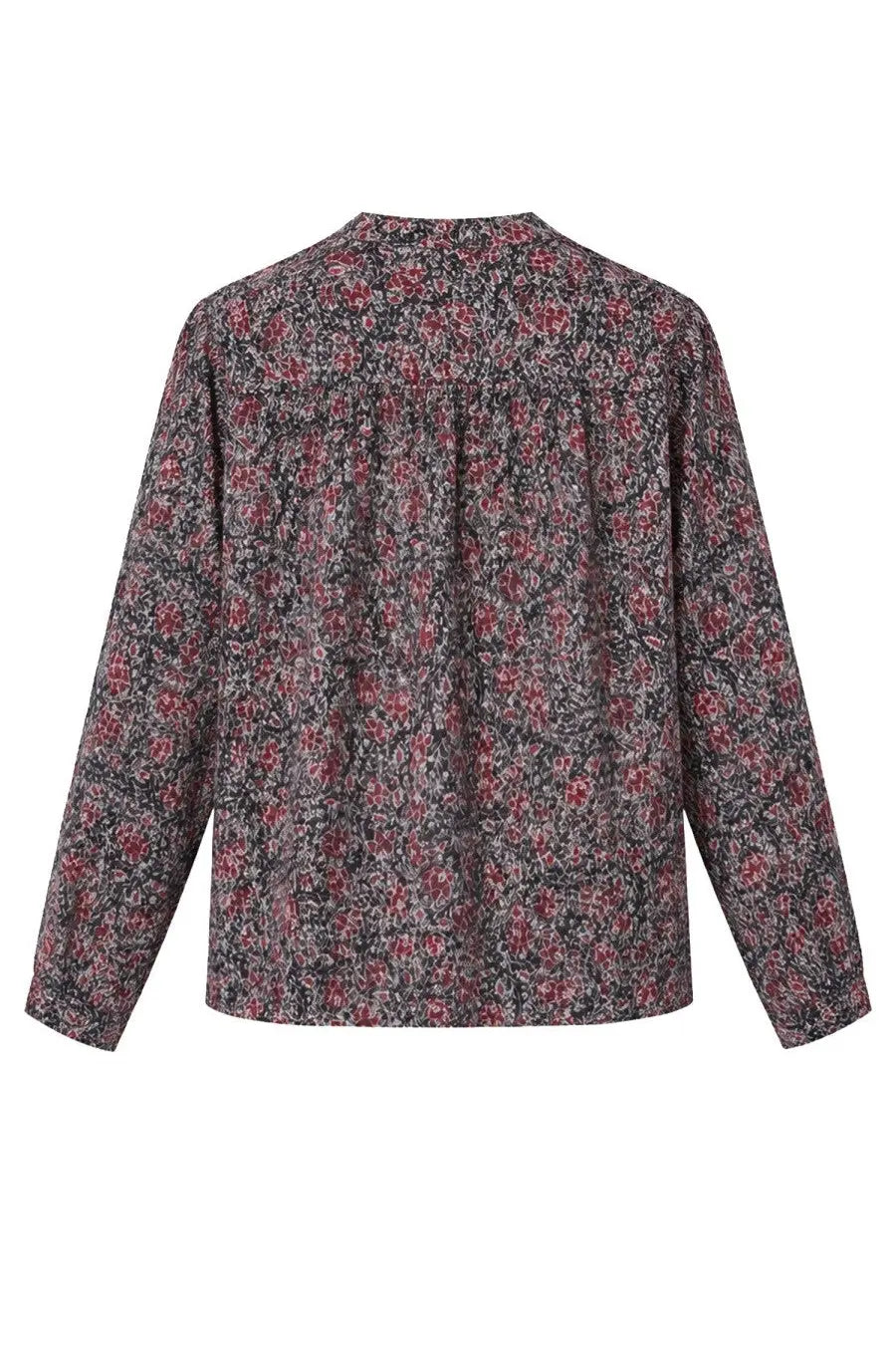 Isabel Marant Étoile women’s dark gray blouse with pink and white floral pattern and gathered neckline
