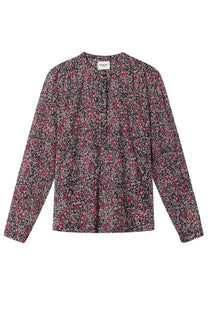 Isabel Marant Étoile women’s long-sleeved blouse with dark base and pink white floral print featuring gathered neckline