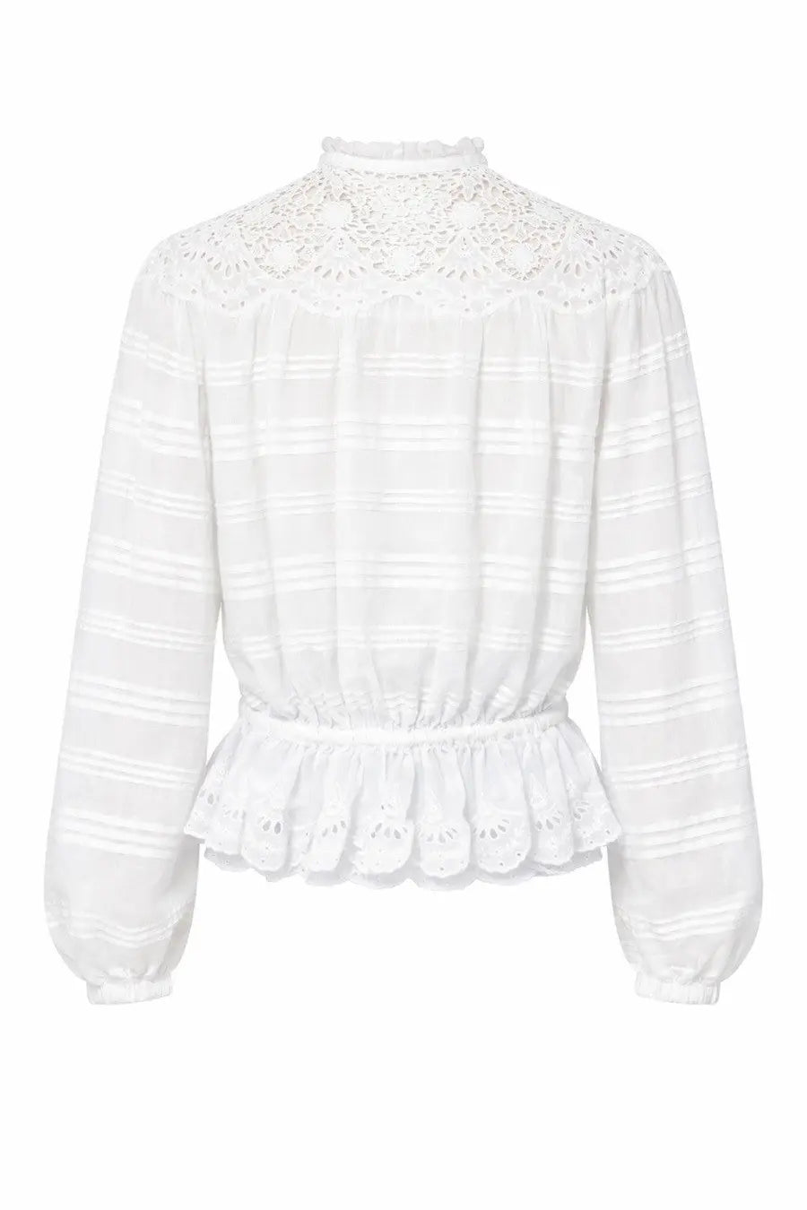 Isabel Marant étoile women’s white blouse with lace high neckline peplum hem and subtle horizontal stripes on lightweight fabric