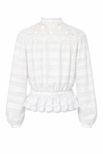 Isabel Marant étoile women’s white blouse with lace high neckline peplum hem and subtle horizontal stripes on lightweight fabric