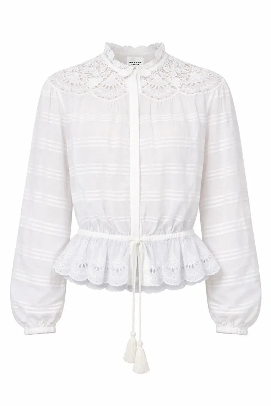 Isabel Marant Étoile women’s white embroidered blouse with delicate lace collar and peplum hem
