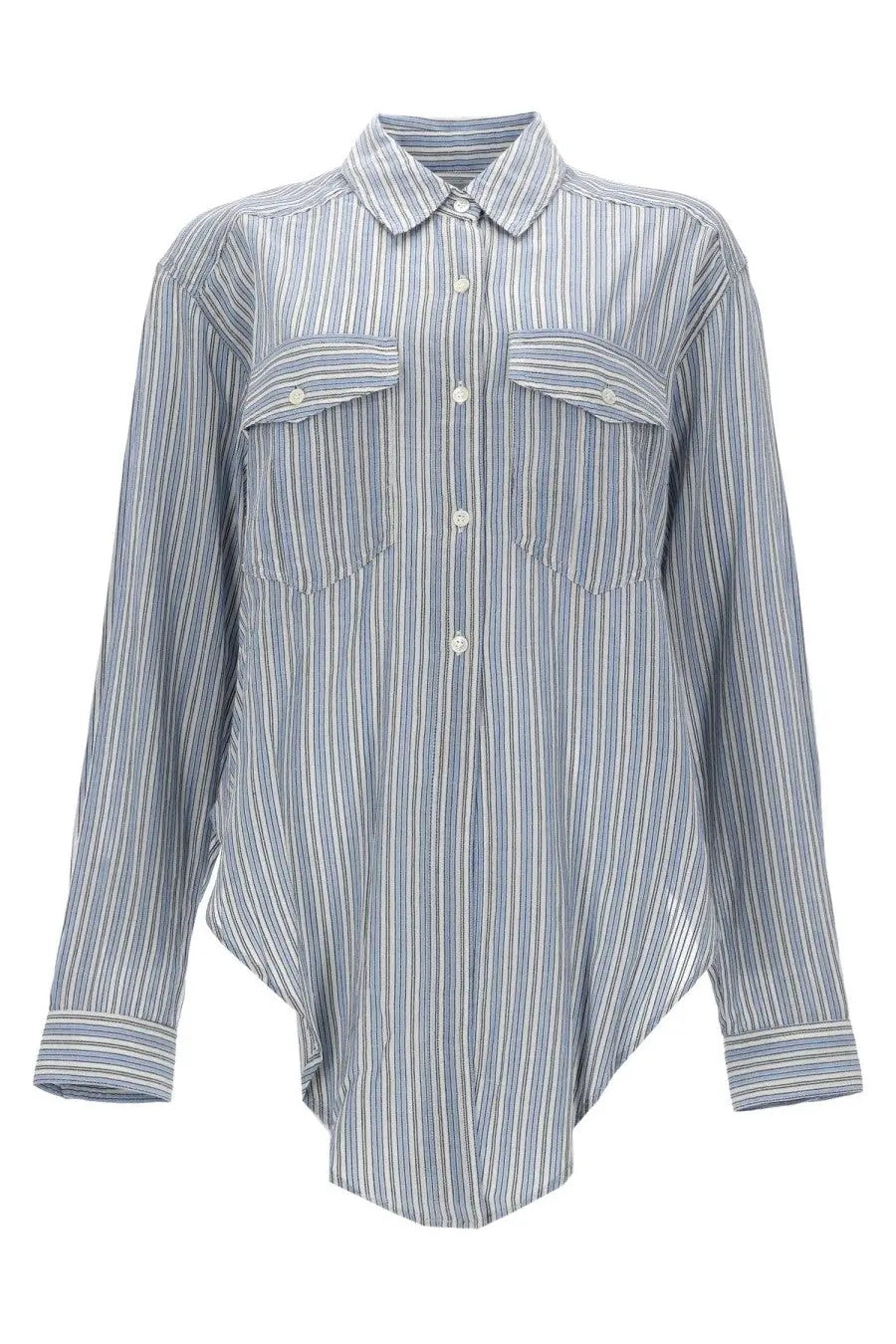 Isabel Marant Étoile women’s long-sleeved blue and white striped button-up shirt with chest pockets and classic collar