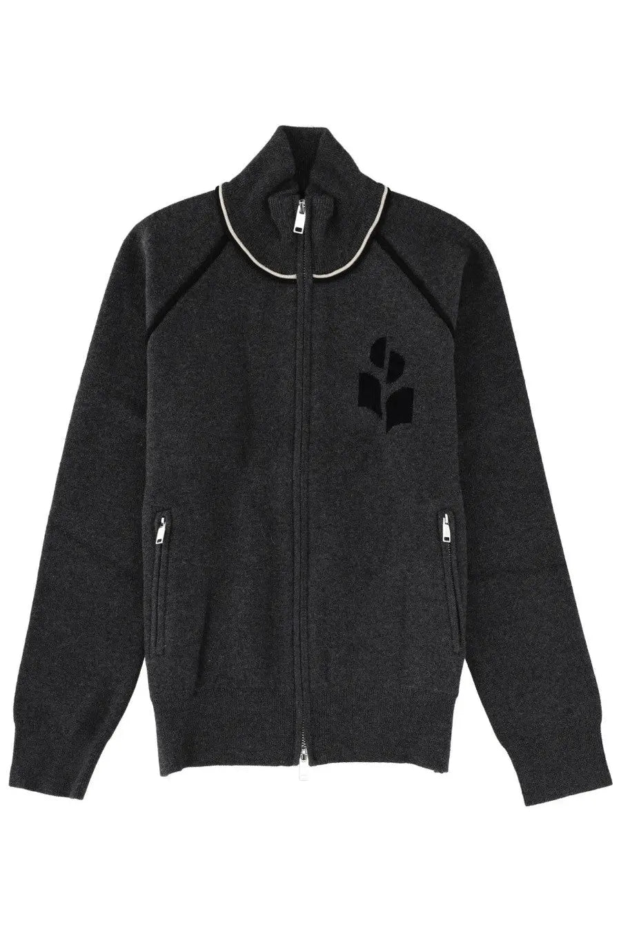 Isabel Marant Étoile women’s dark gray knit zip-up cardigan with white trim and black embroidered logo on chest