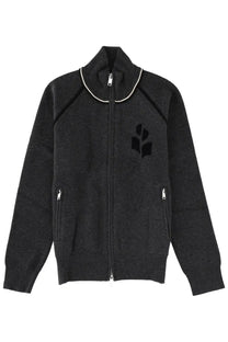 Isabel Marant Étoile women’s dark gray knit zip-up cardigan with white trim and black embroidered logo on chest