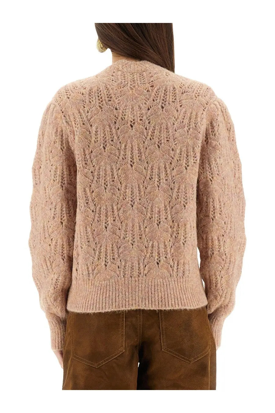 Isabel Marant étoile women’s cardigan maxine beige soft blush pink knitted sweater with detailed leaf-patterned back and ribbed cuffs