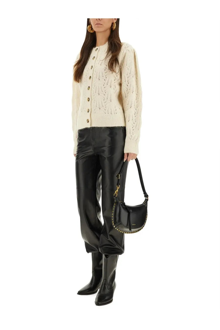 Black leather crossbody bag with gold-tone hardware and studded trim for Isabel Marant Étoile women’s cardigan Maxine White