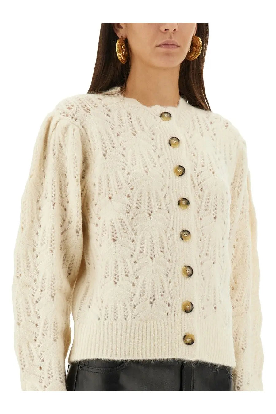 Isabel Marant Étoile women’s cream-colored knit cardigan with intricate cable-knit pattern and gold-toned buttons