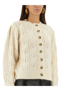 Isabel Marant Étoile women’s cream-colored knit cardigan with intricate cable-knit pattern and gold-toned buttons