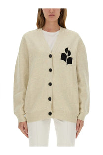 Cream-colored knit Isabel Marant Étoile women’s cardigan with black embroidered book logo on left chest in beige
