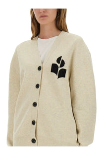 Isabel Marant Étoile women’s cream-colored knit cardigan with black buttons and bold black embroidered logo on left chest