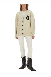 Isabel Marant Étoile women’s cream knit cardigan with black buttons and bold black leaf logo on left chest in beige