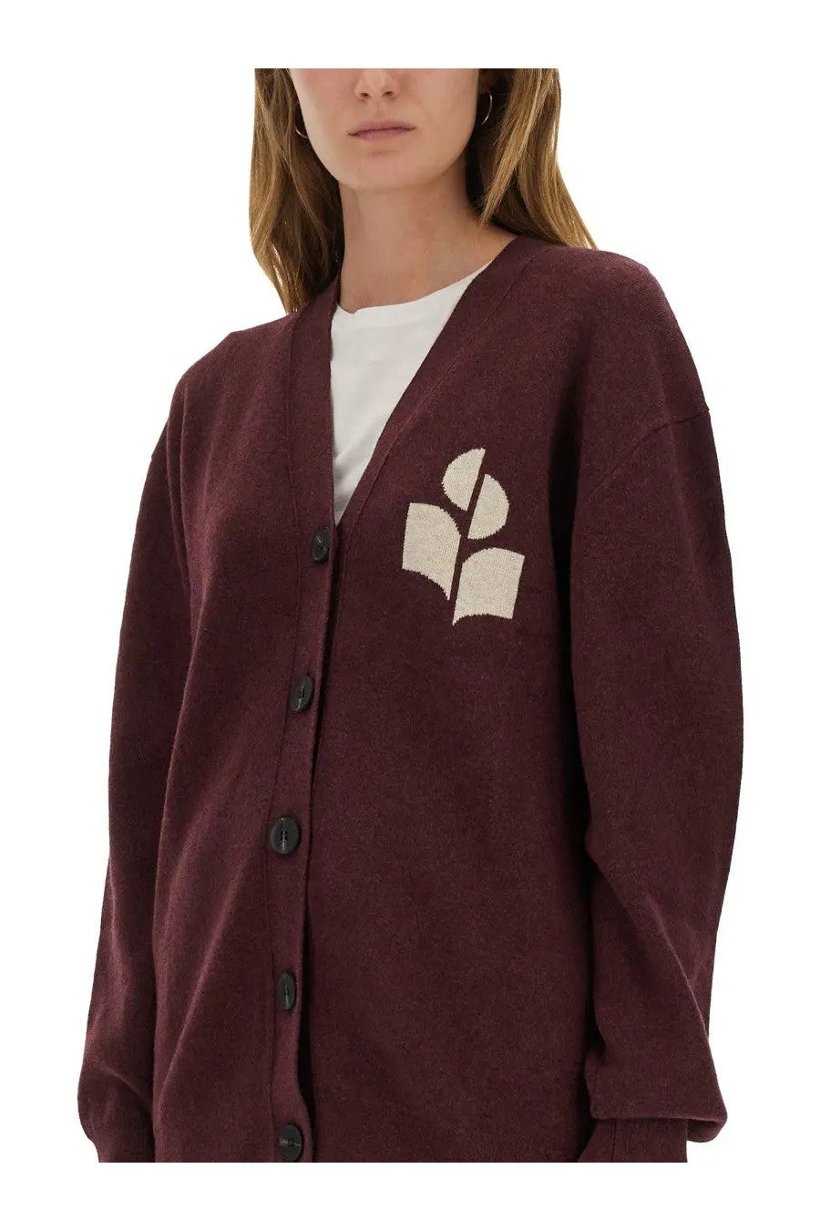 Maroon knit cardigan by Isabel Marant Étoile with cream embroidered leaf and book motif on left chest