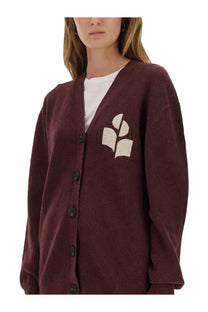Isabel Marant Étoile women’s maroon knit cardigan with cream embroidered leaf and book motif on left chest