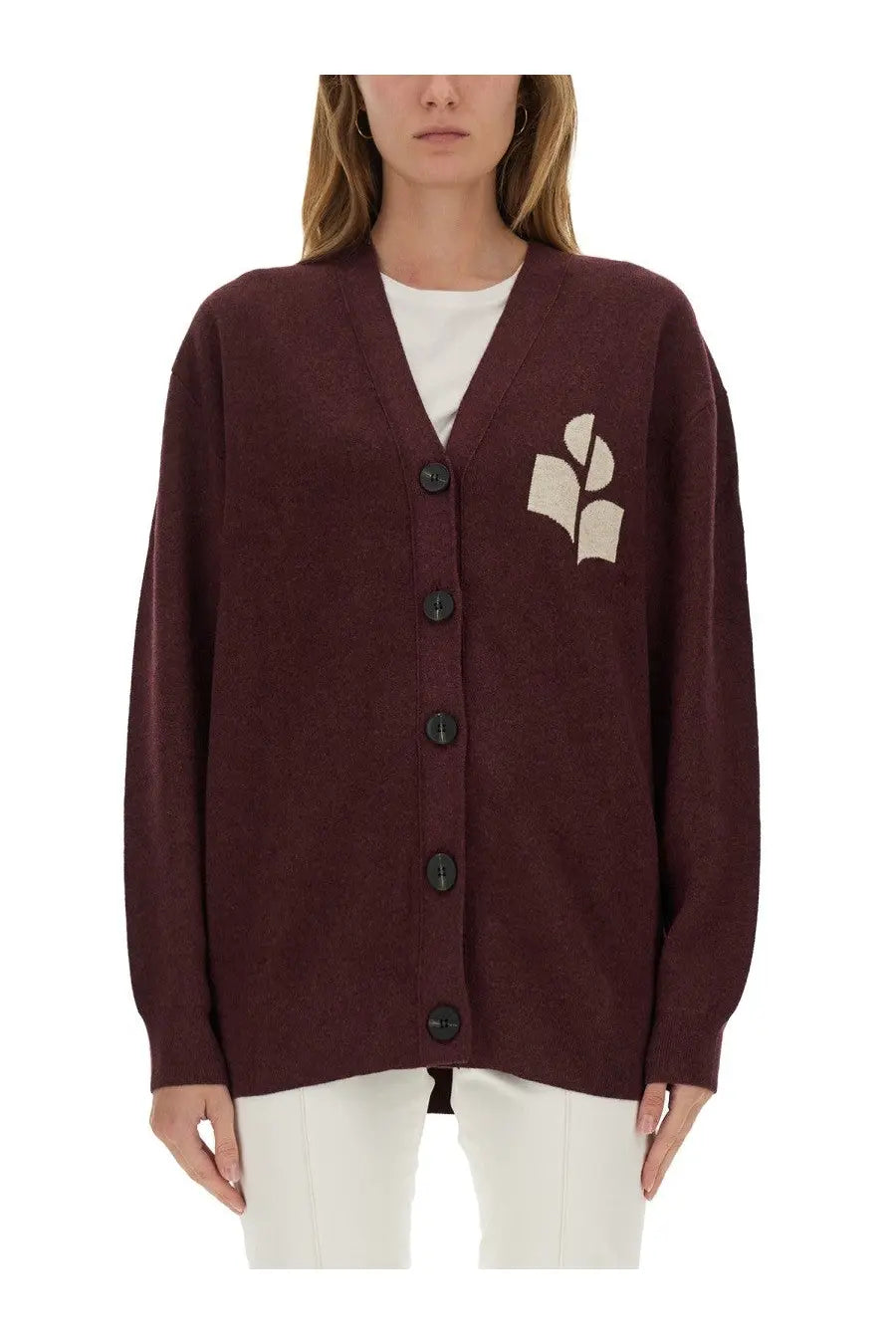 Isabel Marant Étoile women’s maroon knit cardigan with cream embroidered book motif and black front buttons