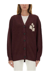 Isabel Marant Étoile women’s maroon knit cardigan with cream embroidered book motif and black front buttons
