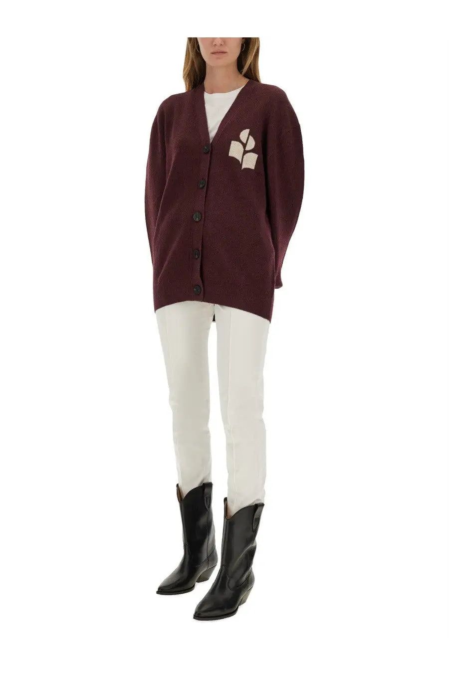 Isabel Marant Étoile women’s maroon oversized knit cardigan with cream-colored leaf logo on left chest