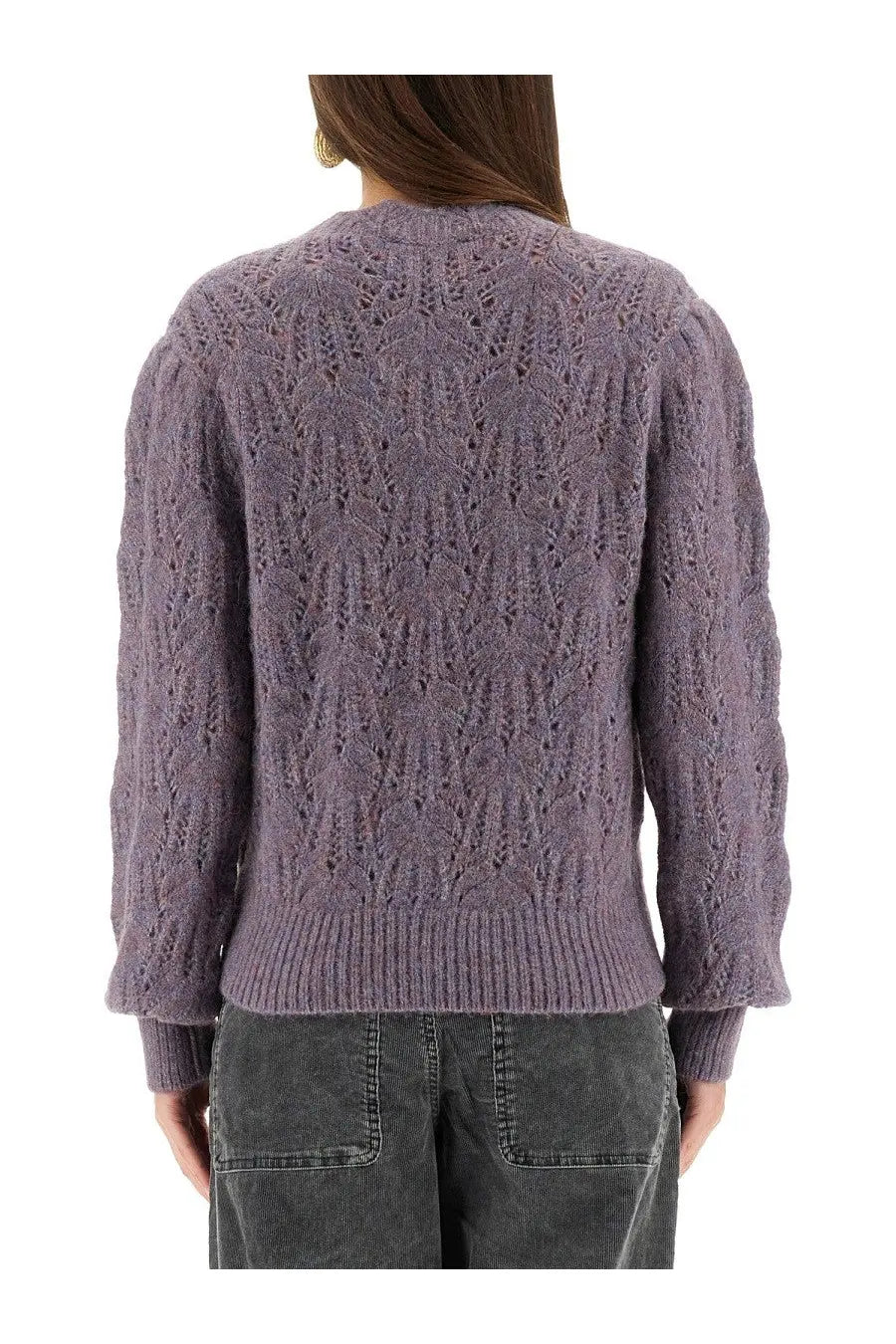 Isabel Marant Étoile women’s celestine purple knit sweater showing intricate cable and lace patterns on the back