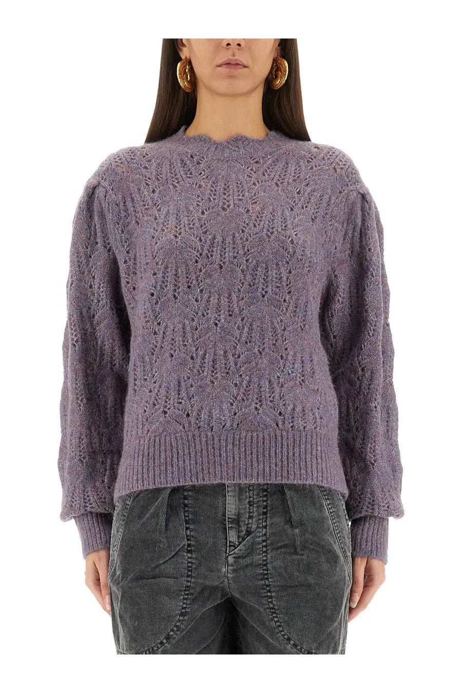 Isabel Marant étoile women’s soft lavender knit sweater with lace-like pattern and ribbed cuffs in purple