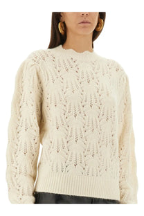Isabel Marant Étoile women’s cream-colored knit sweater with lace-like pattern and ribbed cuffs in white