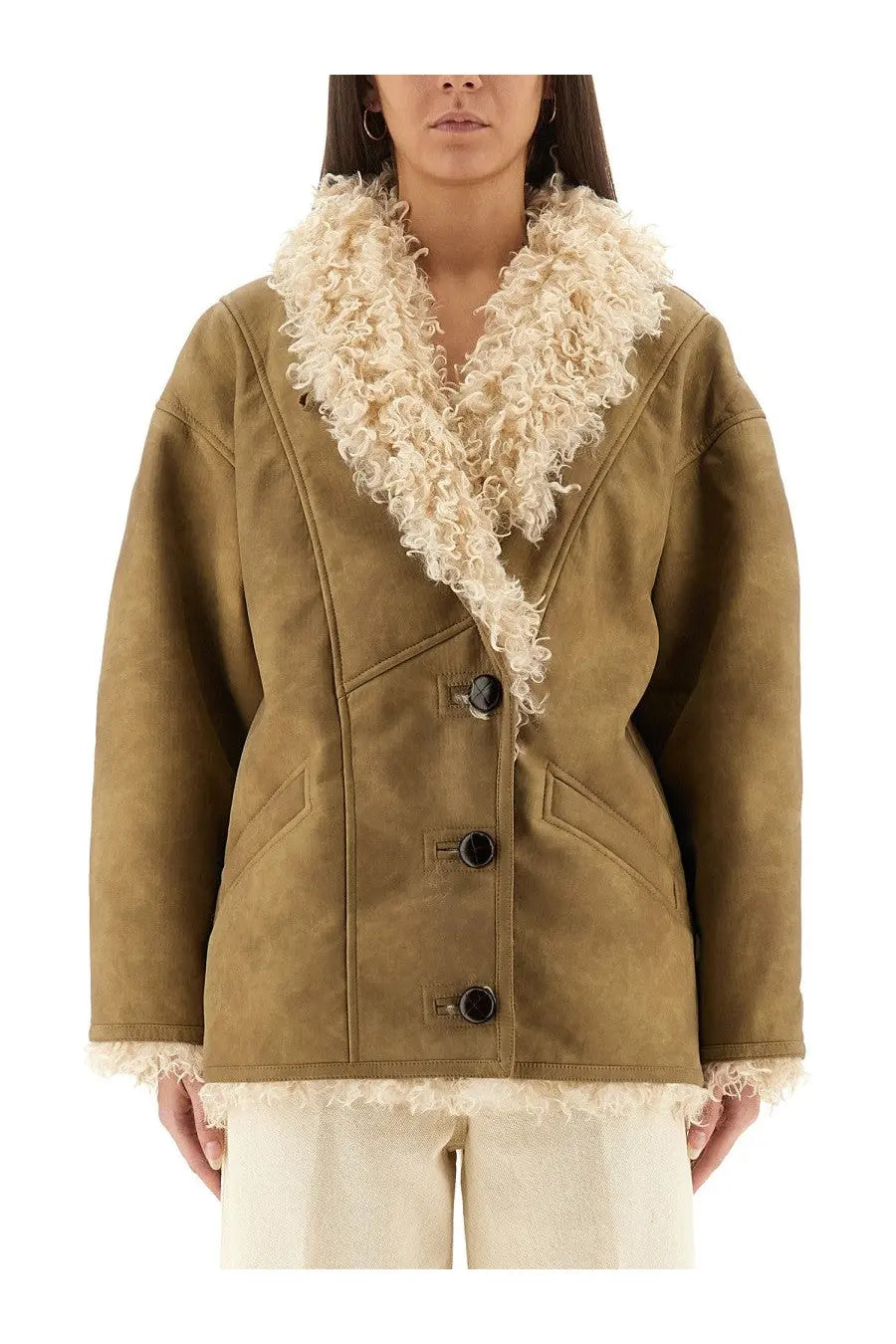 Isabel Marant Étoile women’s beige olive suede shearling coat with cream curly fur collar and cuffs
