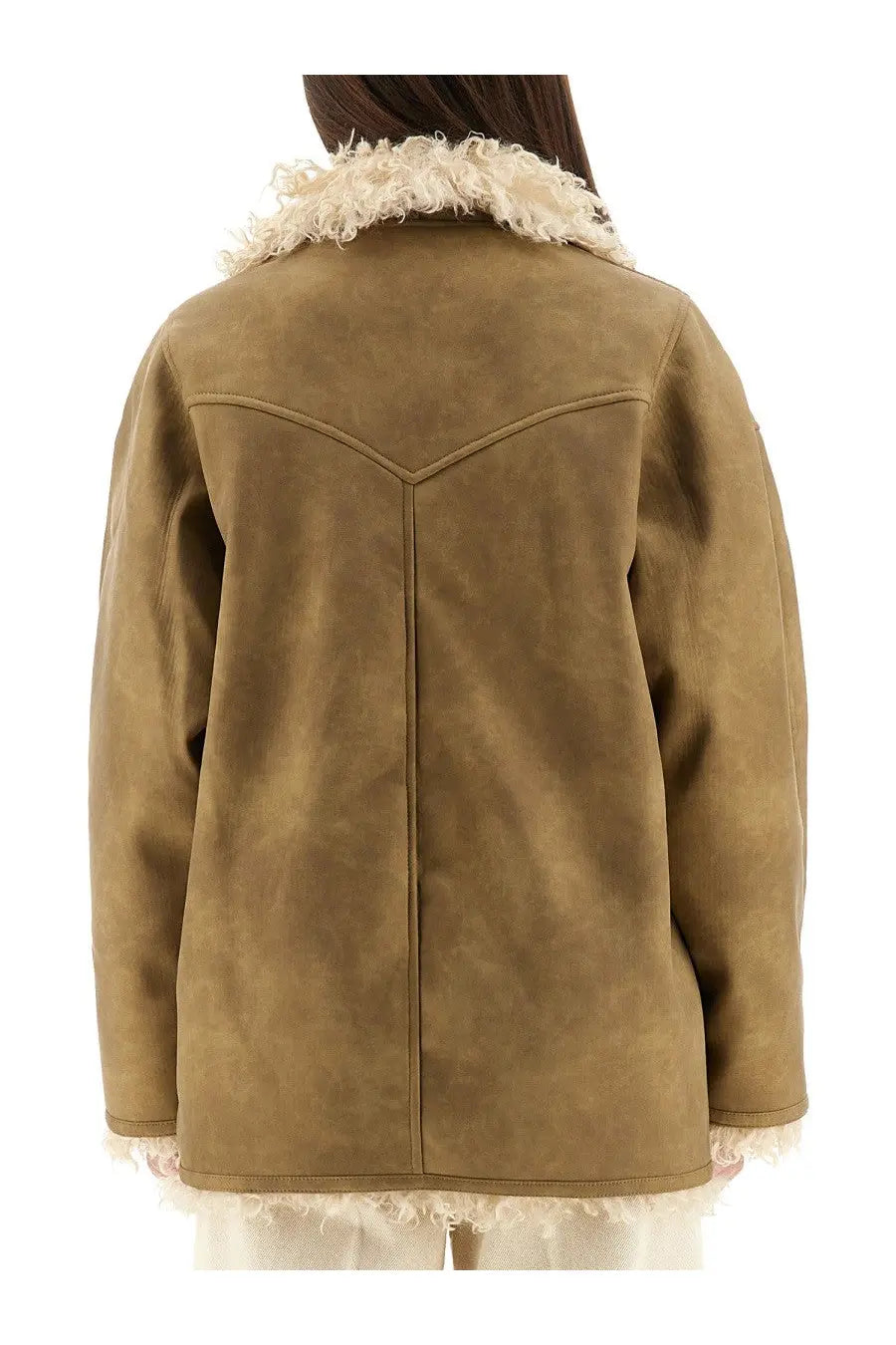 Isabel marant étoile women’s clea coat beige tan suede shearling coat with cream fur collar and hem front view