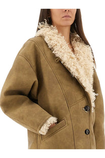 Isabel Marant Étoile women’s clea coat beige tan suede shearling with cream curly fur collar and cuffs front view