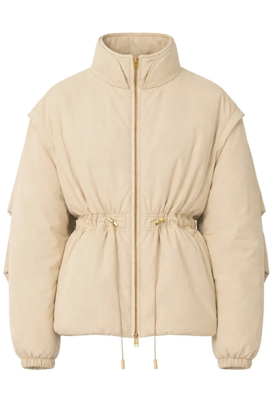 Beige Isabel Marant Étoile women’s Dastyni puffer coat with high collar gold zipper and drawstring waist