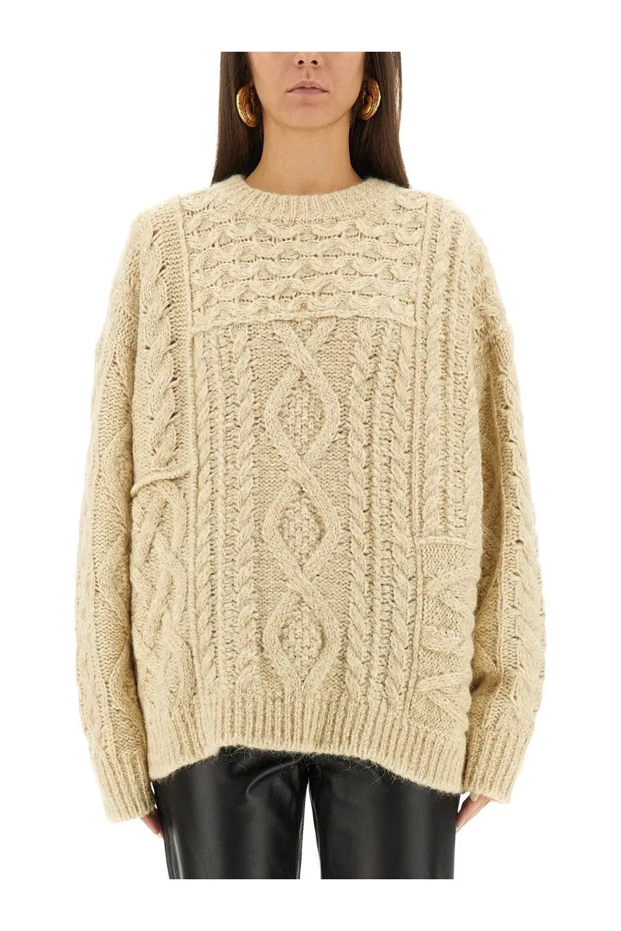 Isabel Marant Étoile women’s beige cream-colored chunky-knit cable knit sweater with braided patterns and ribbed hem