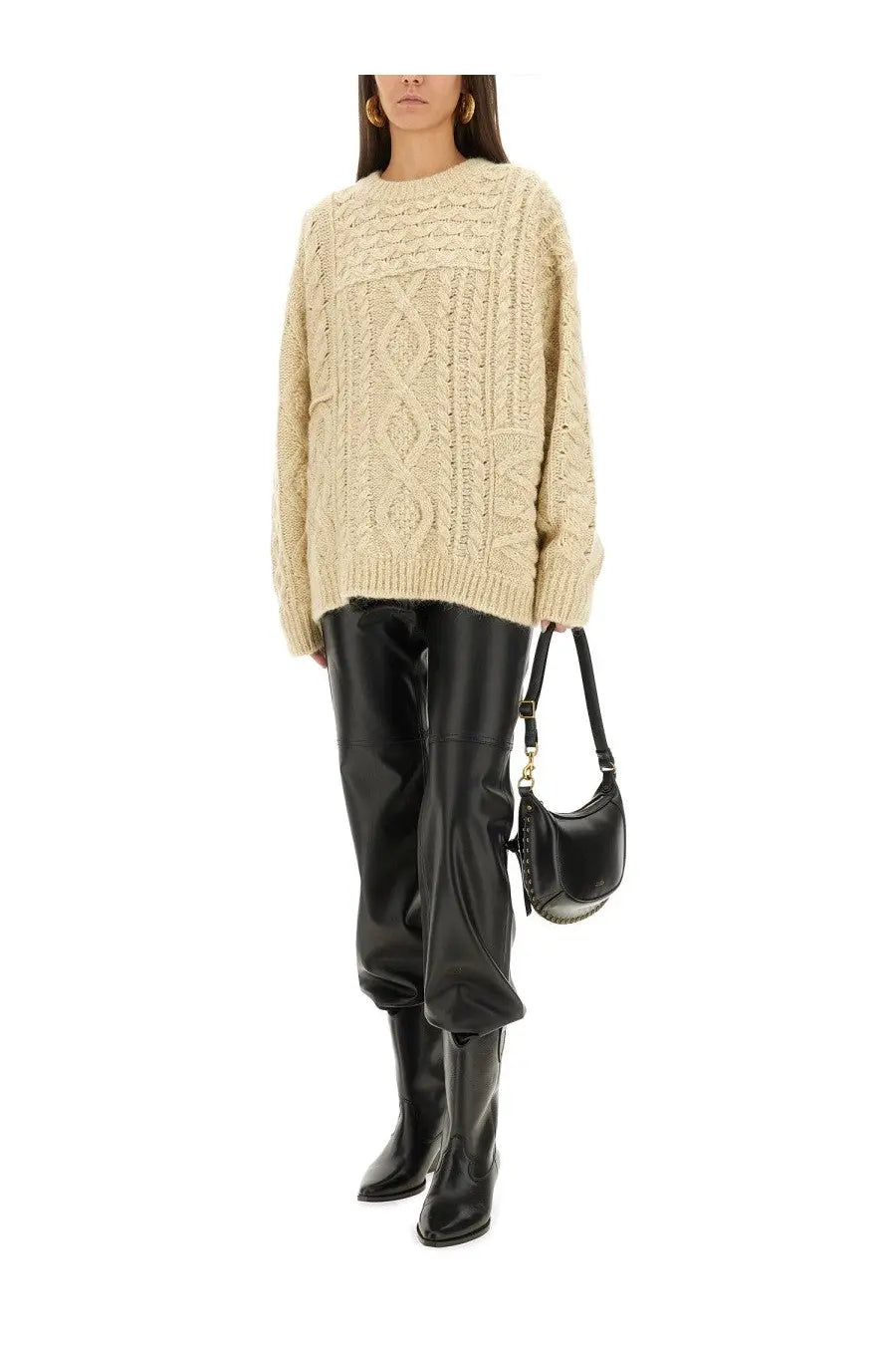 Isabel Marant Étoile women’s beige cream-colored cable-knit sweater with textured intricate pattern and ribbed cuffs