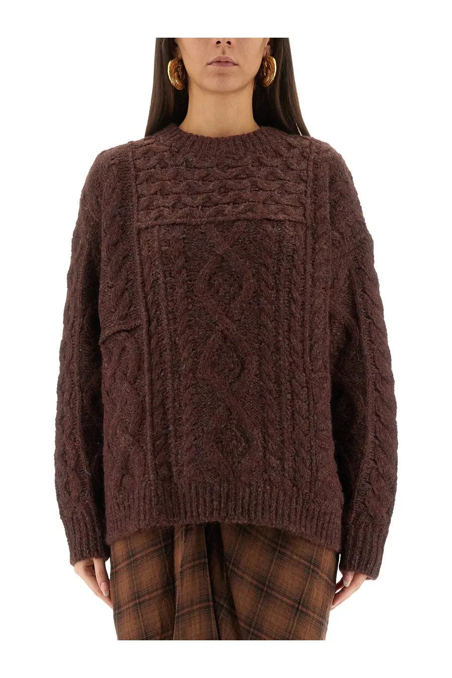Isabel Marant Étoile women’s chunky brown cable-knit sweater with textured pattern and ribbed cuffs