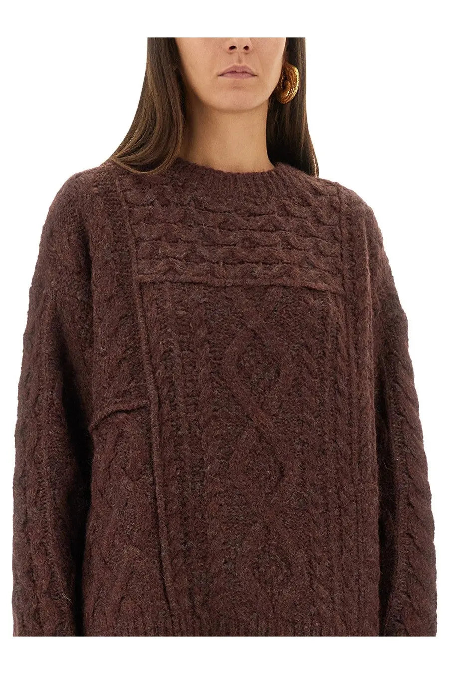 Isabel Marant Étoile women’s red chunky knit sweater with intricate cable patterns and cozy textured design