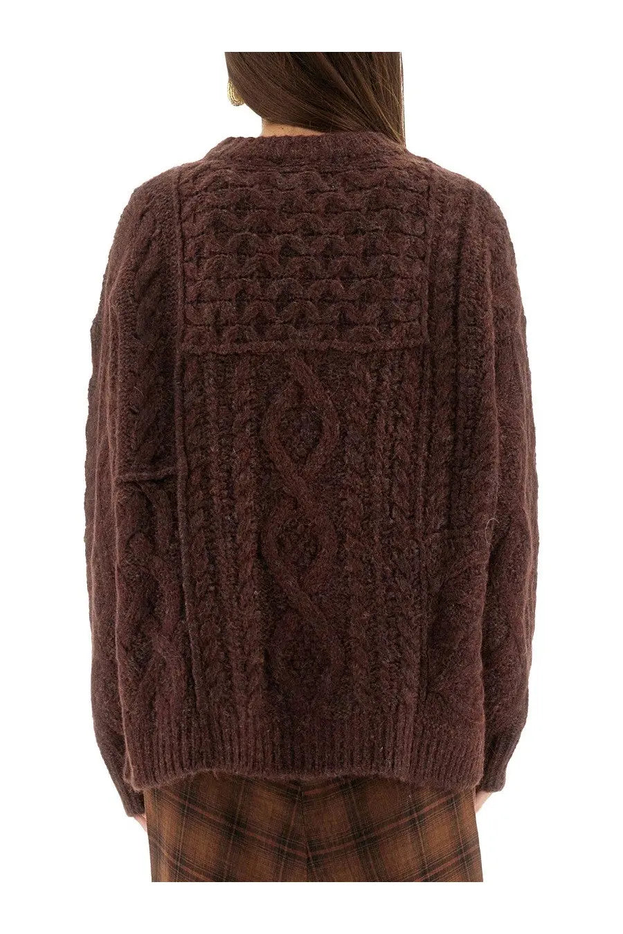 Isabel Marant étoile women’s red cable-knit sweater with intricate braided patterns and fluffy yarn finish