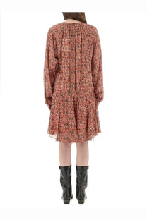 Isabel Marant Étoile women’s flowing long-sleeved rust dress with intricate dark floral pattern in soft fabric